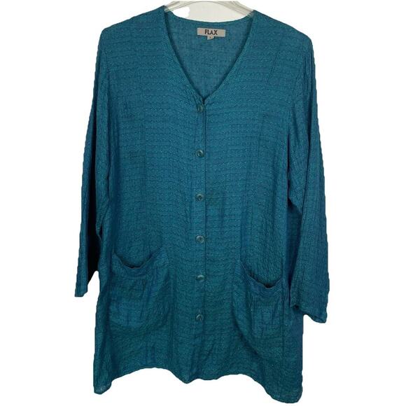 Flax 100% Linen Tunic Top Womens Size Large Teal Textured Boho Beachy Lagenlook - Picture 1 of 13